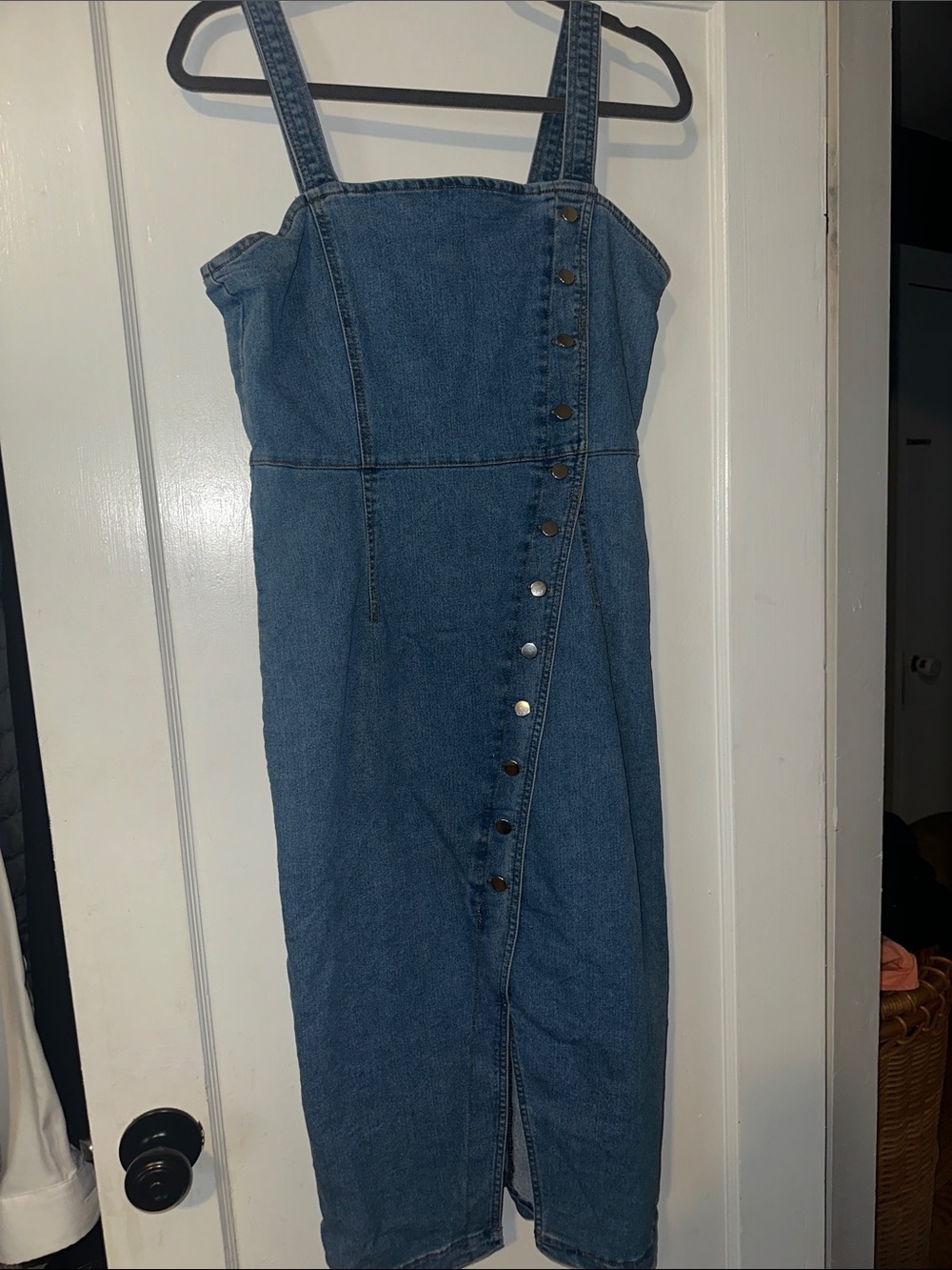 Nanette Lepore Medium Blue Denim Midi Dress with Diagonal Snap Placket